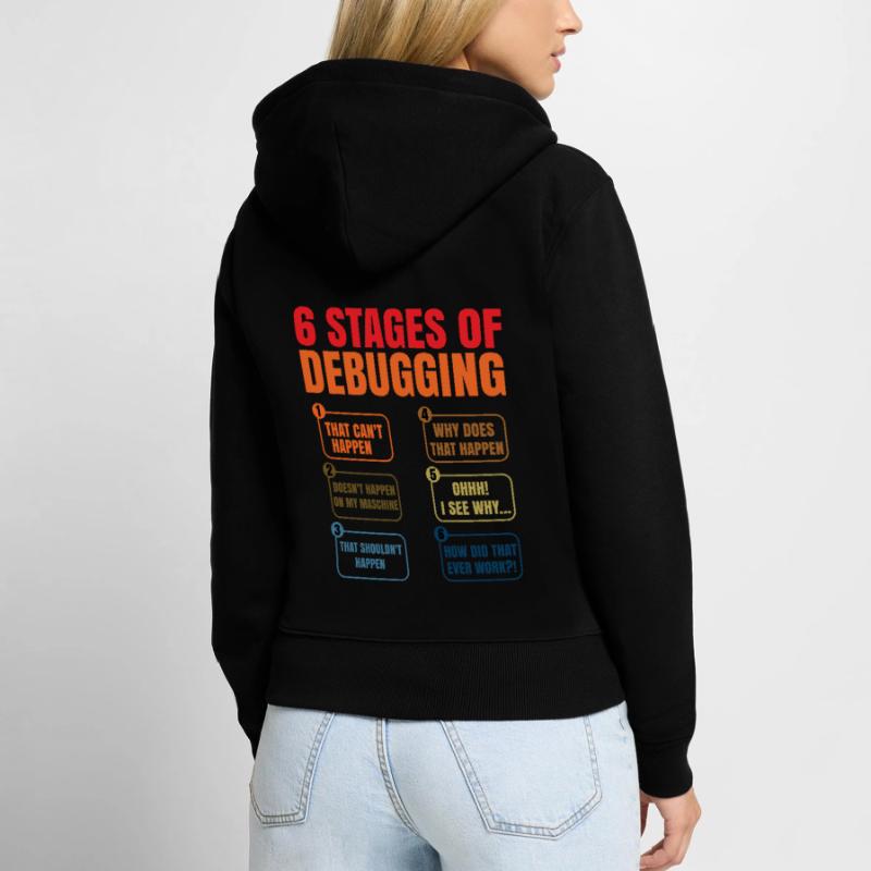 6 Stages Of Debugging Coder Programmer Software De Frauen Premium Bio Zip Hoodie