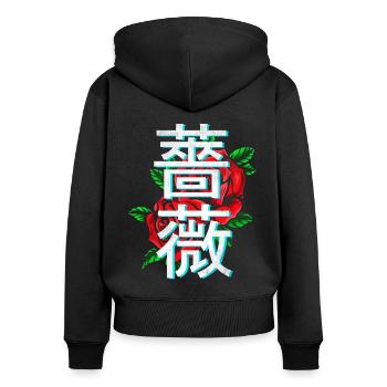 Roses avec caractères japonais - Sweat à capuche zippé Premium bio Femme - noir - Dos - Julia (174cm)