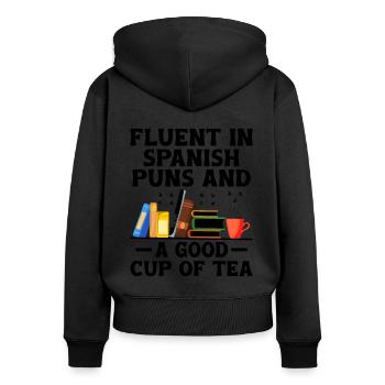Professeur de langues étrangères École Professeurs de langues - Sweat à capuche zippé Premium bio Femme - noir - Dos - Julia (174cm)