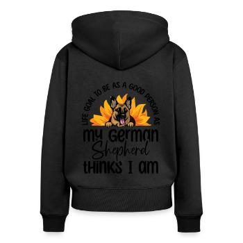 Lebensziel: So ein guter Mensch zu sein wie mein deutscher Schäfer - Frauen Premium Bio Zip Hoodie - Schwarz - Hinten - Julia (174cm)