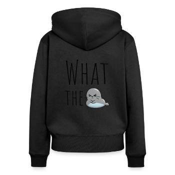 Was die Seal WTF Humor Dichtung Watte - Frauen Premium Bio Zip Hoodie - Schwarz - Hinten - Julia (174cm)