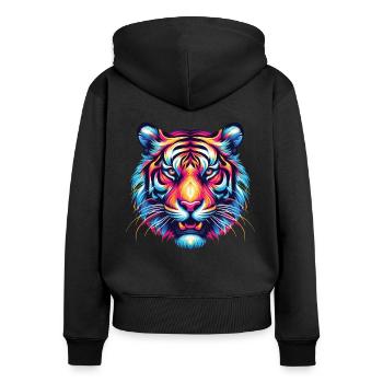 Tiger Gesicht, Bunte Tierkunst, Tiger - Frauen Premium Bio Zip Hoodie - Schwarz - Hinten - Julia (174cm)