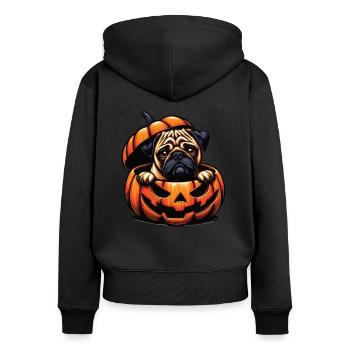 Halloween Hund, Herbst Kürbis Mops - Frauen Premium Bio Zip Hoodie - Schwarz - Hinten - Julia (174cm)
