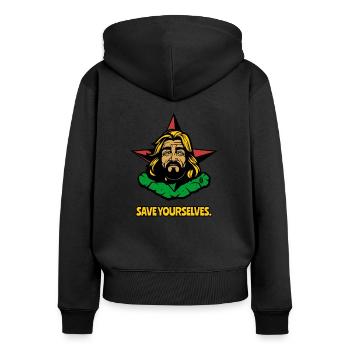 Rettet euch selbst, Der genervte Erlöser - Frauen Premium Bio Zip Hoodie - Schwarz - Hinten - Julia (174cm)