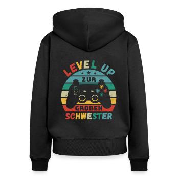Level Up zur Großen Schwester Geburt Schwanger - Frauen Premium Bio Zip Hoodie - Schwarz - Hinten - Julia (174cm)