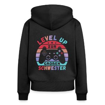 Level Up zur Großen Schwester Geburt Schwanger - Frauen Premium Bio Zip Hoodie - Schwarz - Hinten - Julia (174cm)