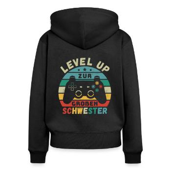 Level Up zur Großen Schwester Geburt Schwanger - Frauen Premium Bio Zip Hoodie - Schwarz - Hinten - Julia (174cm)