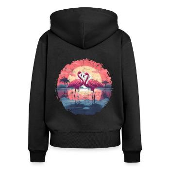 Flamingo, Paar, Sonnenuntergang, Sonne, Strand - Frauen Premium Bio Zip Hoodie - Schwarz - Hinten - Julia (174cm)
