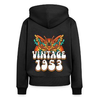 Style Rétro 1953 Femme 70 Ans Anniversaire - Sweat à capuche zippé Premium bio Femme - noir - Dos - Julia (174cm)