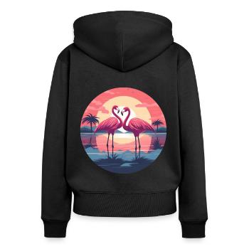 Flamingo, Paar, Sonnenuntergang, Sonne, Strand - Frauen Premium Bio Zip Hoodie - Schwarz - Hinten - Julia (174cm)