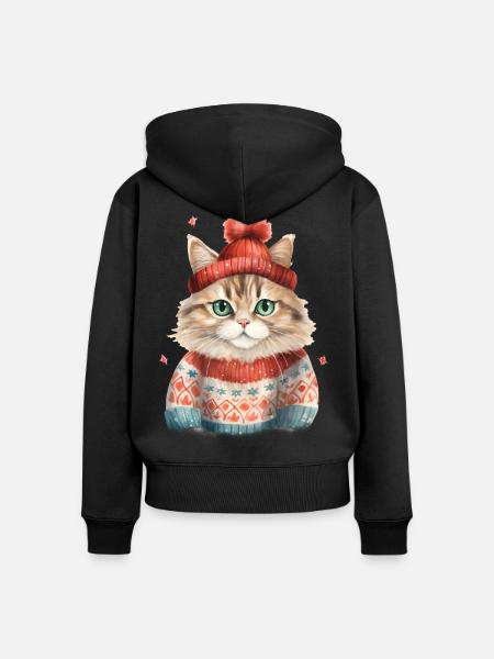 Winterkatze im Strickpullover - Frauen Premium Bio Zip Hoodie - Schwarz
