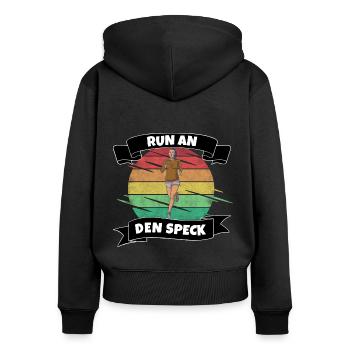 Run an den Speck Sport Motivation - Frauen Premium Bio Zip Hoodie - Schwarz - Hinten - Julia (174cm)