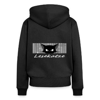 Lesekatze. Lustige Katze die gerne Bücher liest - Frauen Premium Bio Zip Hoodie - Schwarz - Hinten - Julia (174cm)