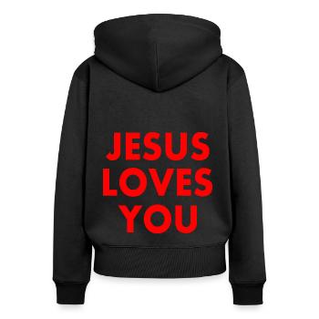 Jesus loves you - Frauen Premium Bio Zip Hoodie - Schwarz - Hinten - Julia (174cm)