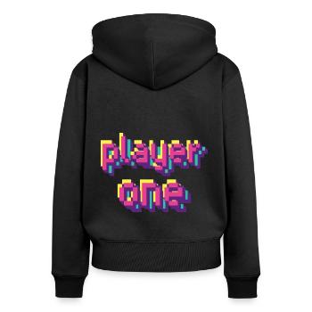player one gamer 80s 90s style retro shirt - Women's Premium Organic Zip Hoodie - black - Back - Julia (174cm)