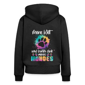 Bunte Welt dank meines Hundes Spruch - Frauen Premium Bio Zip Hoodie - Schwarz - Hinten - Julia (174cm)