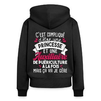 Auxiliaire Puériculture Puéricultrice Métier Noël - Sweat à capuche zippé Premium bio Femme - noir - Dos - Julia (174cm)