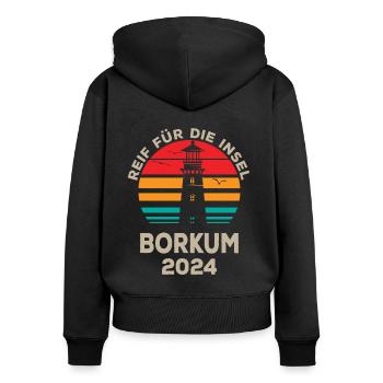 Borkum 2024 Leuchtturm Erlebnis Design - Frauen Premium Bio Zip Hoodie - Schwarz - Hinten - Julia (174cm)