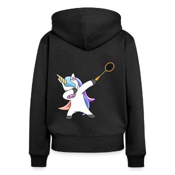Licorne tamponnant le badminton - Sweat à capuche zippé Premium bio Femme - noir - Dos - Julia (174cm)