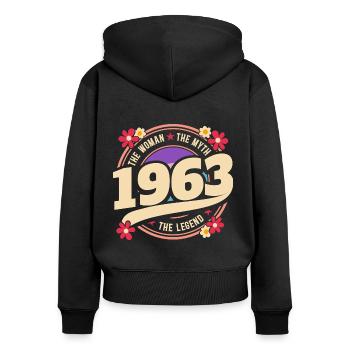 Femme 1963 La Légende 60 Ans Anniversaire - Sweat à capuche zippé Premium bio Femme - noir - Dos - Julia (174cm)