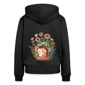 Niedlicher Igel, Blumentopf, Einheimische Tiere - Frauen Premium Bio Zip Hoodie - Schwarz - Hinten - Julia (174cm)