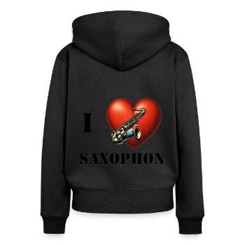 J’adore le saxophone - Sweat à capuche zippé Premium bio Femme - noir - Dos - Julia (174cm)