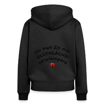 🎁 Glück verschenken „Viu meh Zit mit Glücklächsi - Frauen Premium Bio Zip Hoodie - Schwarz - Hinten - Julia (174cm)