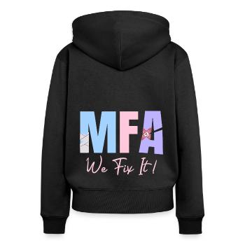 MFA We Fix It Assistant médical - Sweat à capuche zippé Premium bio Femme - noir - Dos - Julia (174cm)