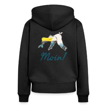Lustige Moin Möwe von Volker Ernsting - Frauen Premium Bio Zip Hoodie - Schwarz - Hinten - Julia (174cm)