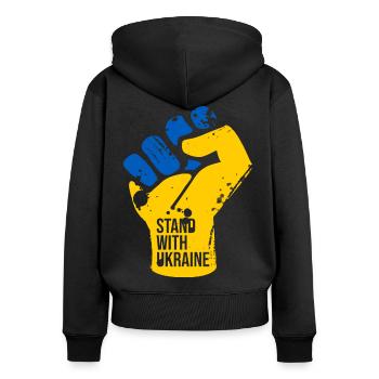 Stand With Ukraine - Frauen Premium Bio Zip Hoodie - Schwarz - Hinten - Julia (174cm)