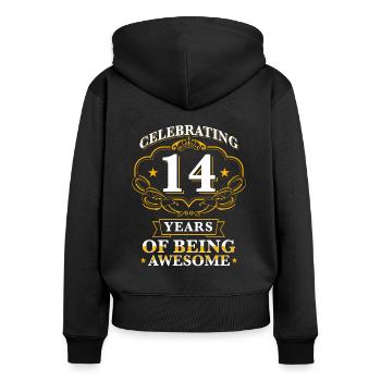 Celebrating 14 Years - Sweat à capuche zippé Premium bio Femme - noir - Dos - Julia (174cm)