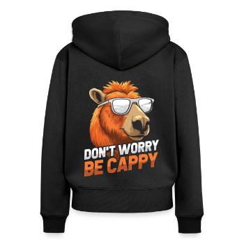 Capybara Wasserschwein Dont Worry Be Cappy - Frauen Premium Bio Zip Hoodie - Schwarz - Hinten - Julia (174cm)