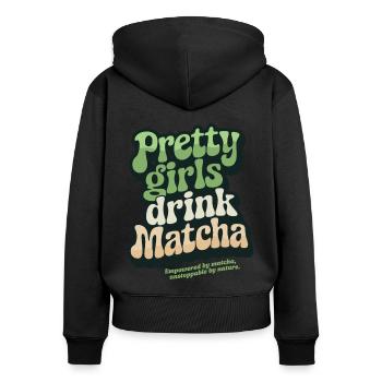 « Pretty Girls Drink Matcha », thé vert rétro - Sweat à capuche zippé Premium bio Femme - noir - Dos - Julia (174cm)