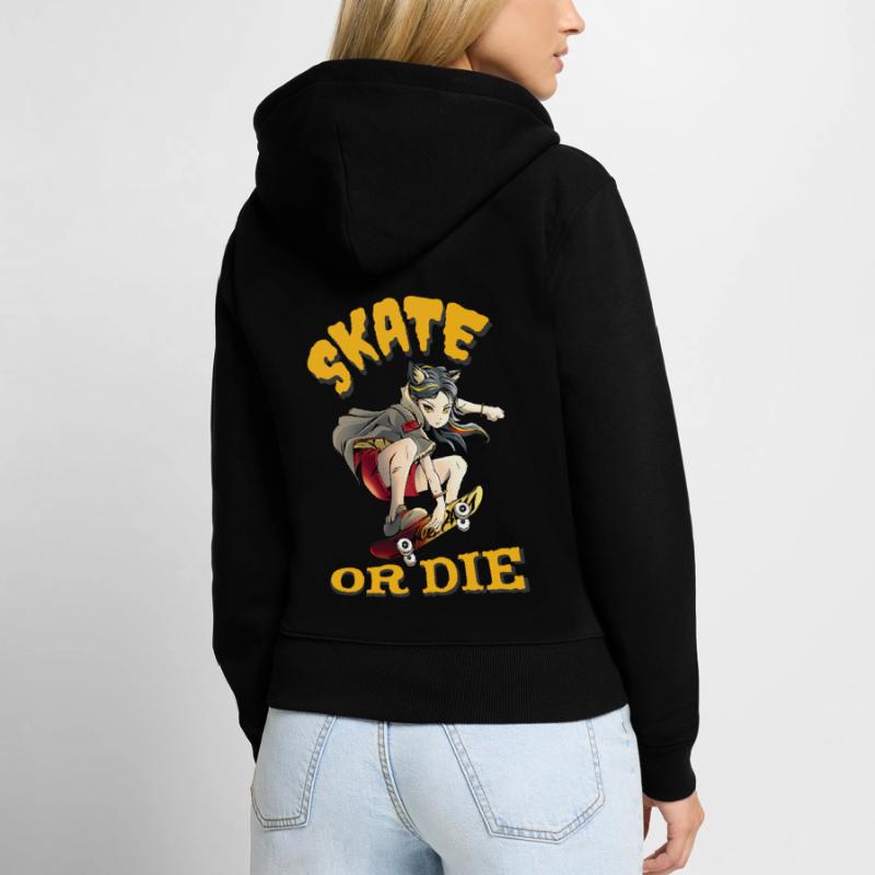 Skate oder stirb Skateboarder Anime Mädchen Frauen Premium Bio Zip Hoodie