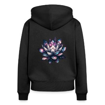 Celestial Bloom Galactic Lotus Unfolding - Frauen Premium Bio Zip Hoodie - Schwarz - Hinten - Julia (174cm)