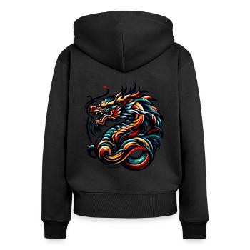 Farbenfrohes chinesisches Drachenkunstwerk und Stammesdesign - Frauen Premium Bio Zip Hoodie - Schwarz - Hinten - Julia (174cm)