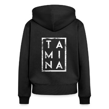 Tamina Minimalismus - Frauen Premium Bio Zip Hoodie - Schwarz - Hinten - Julia (174cm)