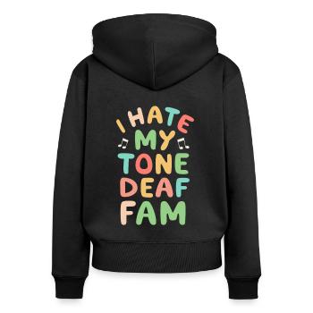 JE DÉTESTE MA FAMILLE SOURDE - Sweat à capuche zippé Premium bio Femme - noir - Dos - Julia (174cm)