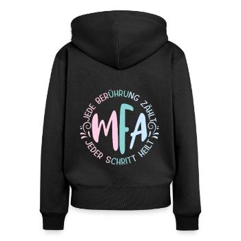 MFA Chaque contact compte Médical - Sweat à capuche zippé Premium bio Femme - noir - Dos - Julia (174cm)