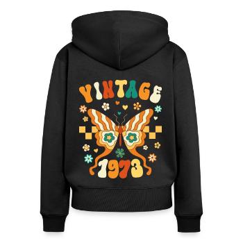 Rétro Groovy 1973 Femme 50 Ans Anniversaire - Sweat à capuche zippé Premium bio Femme - noir - Dos - Julia (174cm)