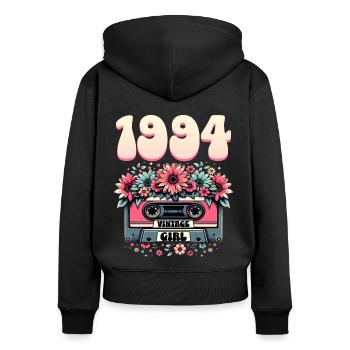 Cassette Année 1994 Anniversaire Femme 30 Ans - Sweat à capuche zippé Premium bio Femme - noir - Dos - Julia (174cm)