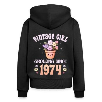 Vintage Année 1974 Anniversaire Femme 50 Ans - Sweat à capuche zippé Premium bio Femme - noir - Dos - Julia (174cm)