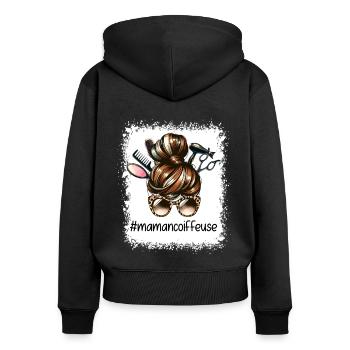 Chignon Mère Coiffeuse Super Maman Coiffeuse - Sweat à capuche zippé Premium bio Femme - noir - Dos - Julia (174cm)