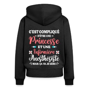 Humour Femme Princesse Infirmière Anesthésiste - Sweat à capuche zippé Premium bio Femme - noir - Dos - Julia (174cm)