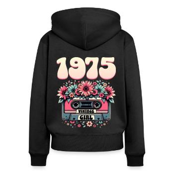 Cassette 1975 Anniversaire Femme 50 Ans - Sweat à capuche zippé Premium bio Femme - noir - Dos - Julia (174cm)
