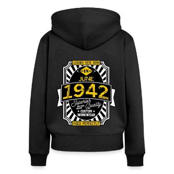 1942 JUNI - Frauen Premium Bio Zip Hoodie - Schwarz - Hinten - Julia (174cm)
