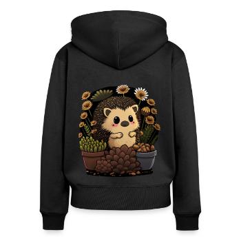 Kleiner Igel, Blumentopf, Kaktus, Blüten, Garten - Frauen Premium Bio Zip Hoodie - Schwarz - Hinten - Julia (174cm)
