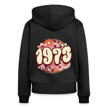Fête Anniversaire Femme 1973 50 Ans Anniversaire - Sweat à capuche zippé Premium bio Femme - noir - Dos - Julia (174cm)