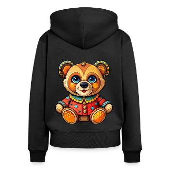 Teddy mit Pullover - Frauen Premium Bio Zip Hoodie - Schwarz - Hinten - Julia (174cm)