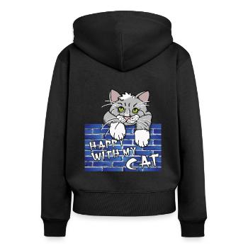 Süßes Katzenmotiv - Mauer mit Kater im Comicstyle - Frauen Premium Bio Zip Hoodie - Schwarz - Hinten - Julia (174cm)